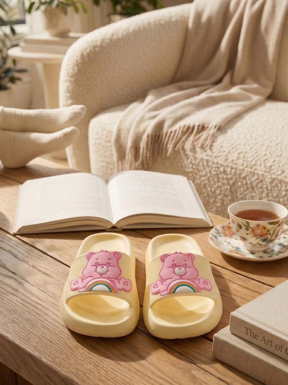 Care Bears Yellow Slide Sandals with Pink Bear Accent